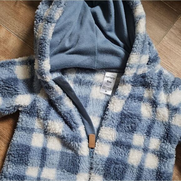 Carter’s Baby Winter Footie One Piece Blue Plaid Fuzzy Zip-Up Pajamas Size 9m - Picture 7 of 7